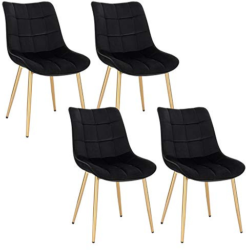 EUGAD 4X Esszimmerstühle 4er Set Küchenstuhl Polsterstuhl Wohnzimmerstuhl Sessel mit Rückenlehne, Samt Sitzfläche, Gold Beine, 0670BY-4, Schwarz