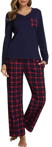 iClosam Pyjama Femme Long Coton Deux Pièces avec Pantalon à Carreaux | Pyjama Femme Hiver, Coton Doux, Respirabilité Naturelle, Haut Uni, Bas à Carreaux, Nuits Fraîches, Maison Et Repos