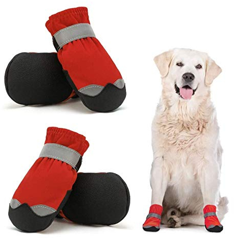 Dociote wasserdichte Hundeschuhe pfotenschutz mit Anti-Rutsch Sohle, reflektierendem Riemen, Klettverschluss Schneeschuhe für mittelgroße große Hunde 4 Stück Rot 8#