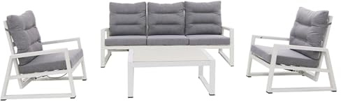 TEMPO STYLE - Salottino Lounge in alluminio MIKONOS PLUS bianco/grigio | Lounge da giardino con divano, tavolo, 2 poltrone e cuscini | Set di mobili da giardino in metallo da 5 persone