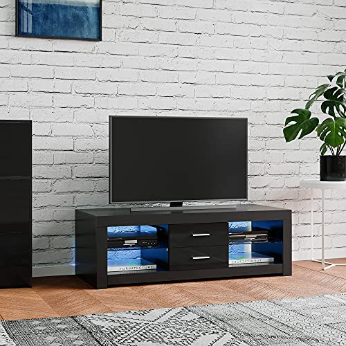 Panana 120cm TV Stand 2Drawer 2 Glass Shelves with LED Lights TV Cabinet (black, 120cm)