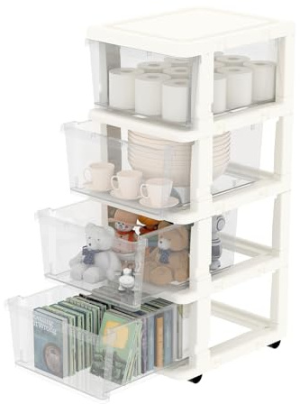 Cetomo Schubladenschrank, Schubladenbox, Aufbewahrungsturm mit Rollen, Kunststoff Schubladencontainer, Rollcontainer für Büro, Schlafzimmer, Wohnheim, Über DIN A4, Weiß & Transparent - 4 Schubladen
