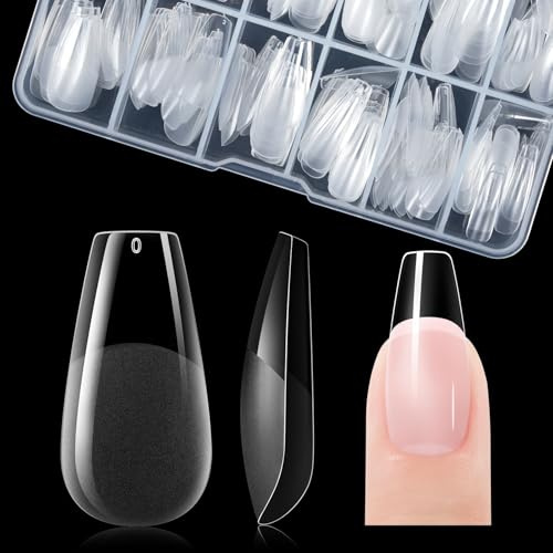Gelike ec Capsule Americaine Ongle Gel PMMA Faux Ongles Moyen Ballerine 120 Pièces 12 Tailles Couverture Complète Capsule Pose Americaine Ongle Transparente | Lot de 120 faux ongles en résine PMMA pré-polis, 12 tailles