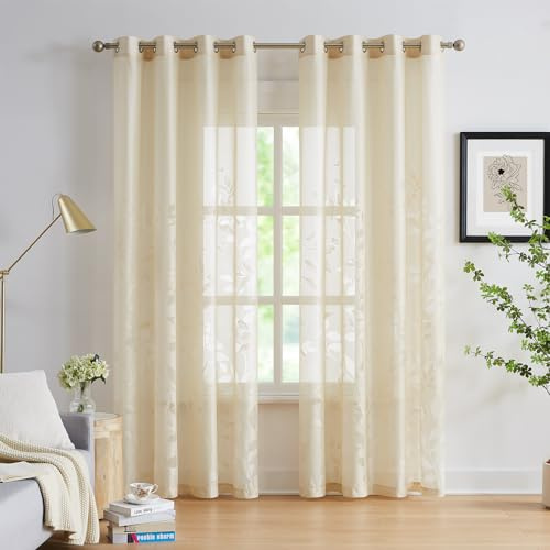 Treatmentex Durchsichtig Spitze Vorhang Jacquard Gardinen mit Ösen Blättermuster Halbtransparente Vorhänge Vintage Dekoschal Ösenvorhänge für Schlafzimmer Wohnzimmer, Beige, 2 Stücke,140×225CM(B×H)
