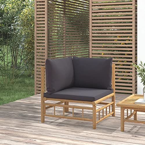 Homgoday Garten-Ecksofa mit Dunkelgrauen Kissen Bambus Modular Ecksofa Gartensofa Sofa Lounge Gartenmöbel Einzelsofa Loungesofa Sessel Ecksessel Balkon Garten Terrasse