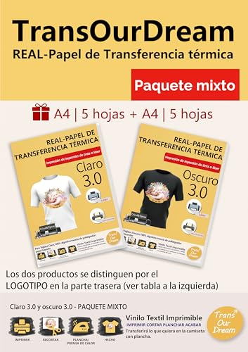 TransOurDream-Papel de Transferencia 3.0 Para tela oscura y clara,Paquete mixto de dos tipos de transfer paper (5X5Hojas A4),Papel Transfer Apto Tinta o Láser,Dile adiós a la dificultad de elegir