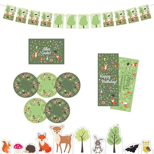 Waldtiere Kindergeburtstag Deko Box - Geburtstagsdeko Set für Jungen & Mädchen - Geburtstag Dekoration für Partys - Tischdeko mit Snackuntersetzern, Poster, Girlande uvm. - Party birthday