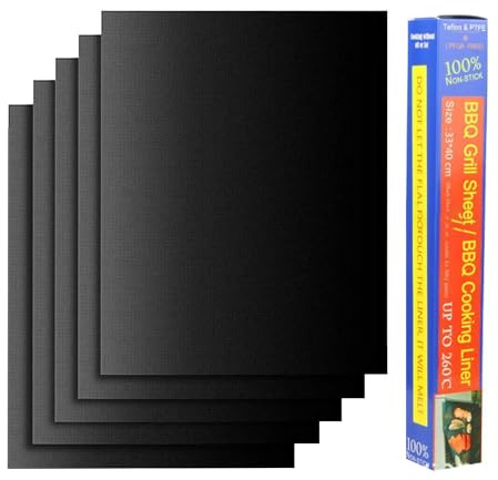 ieron Lot de 5 tapis de cuisson en téflon anti-adhésif pour barbecue au charbon, au gaz ou électrique - Résistant à la chaleur - Réutilisable et lavable - 40 x 33 cm