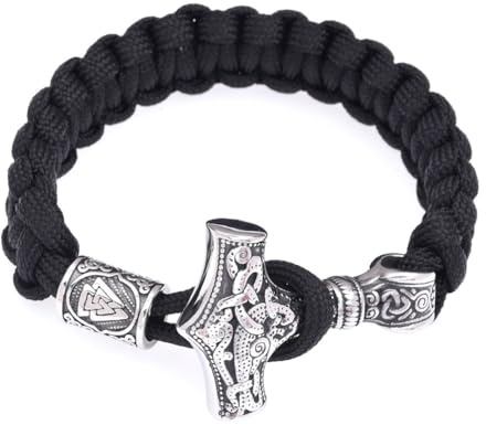 TQWSVUM Nordic Viking Thor's Hammer Armband Für Herren - Handgefertigtes Edelstahl Odin Crow Mjolnir Paracord Armband -Mittelalter Amulett Geflochtene Perlen Armband Tierschmuck(Mjolnir_21CM)