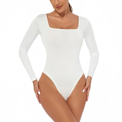 SamHeng Women's Long Sleeve Bodysuit Sexy Square Neck Casual Leotard Tops Thong Stretchy Basic Body Suit Slim Fit Jumpsuit Clubwear Underwear(White/XL)