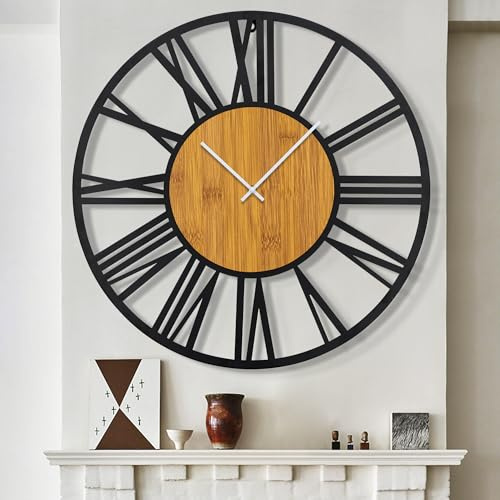 HAITANG 80 cm runde Holz-Wanduhr schwarz für Wohnzimmer-Dekoration, Vintage-Stil, römische Ziffern, geräuschlos, Nicht tickend, Hängeuhren für Zuhause, Garten, Büro, Café, Zimmerdekoration