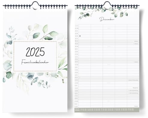 Familienkalender 2025 I Kalender mit 5 Spalten [Eukalyptus Design] I 20 x 32 cm A4+ I Familienplaner Wand I Monatskalender Okt 2024 - Dez 2025, mit Ferien- und Feiertagen, Stundenplänen uvm