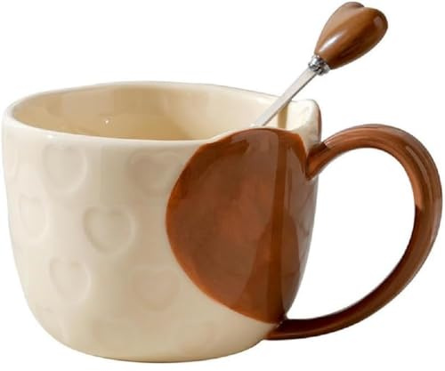 VollfitYYu Herz Kaffeetasse Porzellan Kaffeebecher mit Löffel Relief Herzen Muster Teetasse Keramiktasse für Valentinstag Muttertag Hochzeit Frauen Mädchen Mama Freundin (Braun)