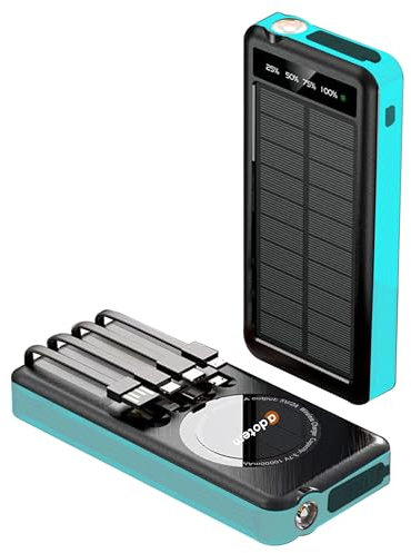ADOTEM Banco de energía solar portátil con cables integrados, cargador de batería de teléfono celular de 10,000 mAh con USB, micro USB, Lightning y cables tipo C, construcción impermeable y carga
