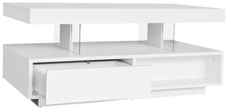 Modern LED Coffee Table with Smart Bluetooth Control, 16 RGB Colors & Timer Function, 2 Storage Drawers & Open Shelves, Push-to-Open Design, Tempered Glass Top Living Room Furniture (White)