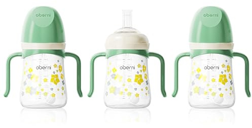 Oberni Non Spill Sippy Cup 300ml, Trinklernbecher auslaufsicherer für Kleinkind ab 6 Monate, BPA frei Trinkflasche, Baby Wasserflasche mit Strohhalm, Grün/3 Stück