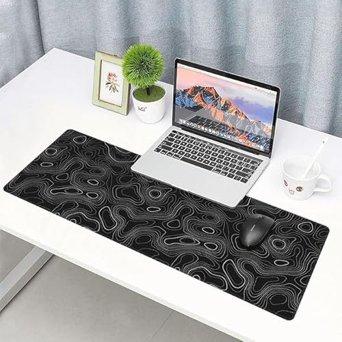 Giant Extended Gaming Mouse Pad, Topographic Pattern, 31.5×11.8 Inch, Black and White, Anti-slip Base