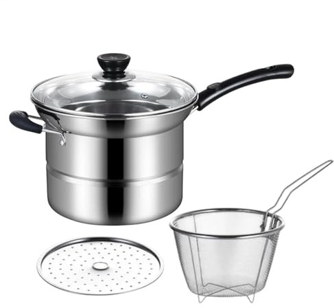 Juego de ollas de acero inoxidable para freír patatas fritas con cesta coladora, cocina multifuncional para mariscos, camarones, cebolla y más con tapa de vidrio
