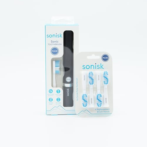 Sonisk Pulse Electric Toothbrush with 4 Replacement Heads | Battery Powered Sonic Technology | 31,000 Strokes Per Minute | Antimicrobial Bristles | Travel Size with Case & Battery (Matte Black)
