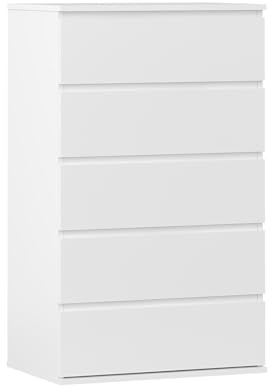 Modern Chest of Drawers, 4/5/6 Drawer Dresser Without Handles Floor Storage Drawer Cabinet Vertical Dresser Storage Organizer for Home Office(5 Drawers, White)
