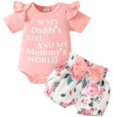 JiAmy kläduppsättning för nyfödd baby flicka med volanger kortärmad spets sparkdräkt Daddy's Girl bodysuit korta byxor med pannband 3 delar kläder för 0–18 månader, Ljusrosa, 3-6 månader