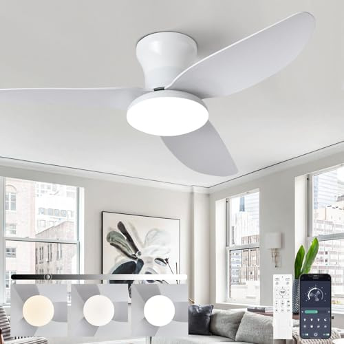 Ventilateur De Plafond Avec Lumière Silencieux 3 Pales, Lustre Lampe Ventilateur Plafond Intégrée Et Telecommande Design, Led Dimmable, 6 Vitesses DC Motor Pour Salon Bureau Chambre White|100CM
