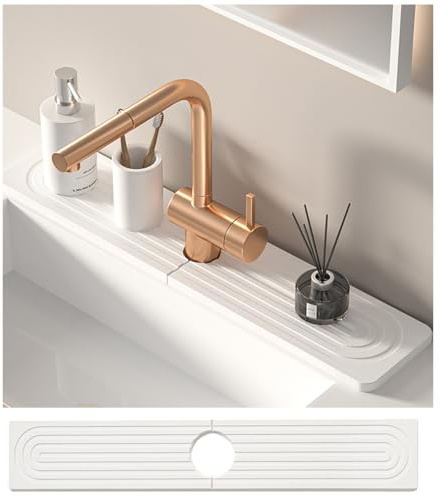 Kitchen Sink Faucet Mat Splash Guard Protector - 60cm Long Diatomite Fast Drying Absorbent Sink Tray, Includes Sandpaper and Silicone Anti-Slip Feet, Prevents Moisture (White)