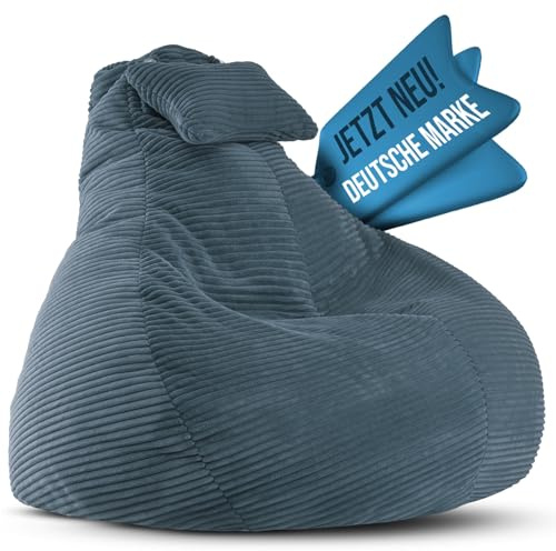 LazyCloud Sitzsack für Erwachsene mit integrierter [Nackenstütze] Cord | XXL Indoor Bean Bag mit Füllung | perfekt als Chill-, Lese- oder Gaming Sessel (90 x 80 x 70 cm) (Mitternachtsblau)