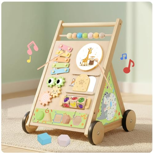 Wooden Baby Walker with Wheels Push Walker for Babies 6-12 Months Toddlers Montessori Walking Toys for 1 Year Old Learning to Walk Activity Center for 12-18 Months Boys Girls Gifts Color Sorting Toys