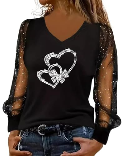 Generisch Langarmshirt Damen Tops Hemd Bluse Festliche Blusen Damen Schwarz Elegant Silvester Outfit Pailletten Top Modern Casual Mit Glitzer Glitzershirt Glitzer Tops (Black, XXL)