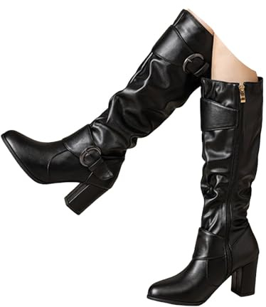 Xbemkste Bottes pour femme avec talon bloc - Bottes en cuir - Boucle de ceinture - Fermeture éclair latérale - Bottes hautes - Bottes hautes élégantes - Bottes longues - Bottes hautes au genou, Noir