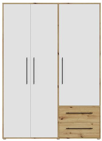 Forte MOKKARIS Kleiderschrank 140 150, moderner Drehtürenschrank, 3-türig, 2 Schubladen, Holzwerkstoff, Weiß mit Artisan Eiche Holzdekor, 144,4 cm breit x 200,1 cm hoch x 58,8 cm tief