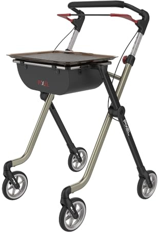 SoNa24 Indoor Wohnraum Rollator PIXEL by Rehasense | nur 5,2 kg | wendig schmal klappbar mit Tablett, 2 Taschen, Feststellbremse | Click]Safe Verriegelung (schwarz/champagner)