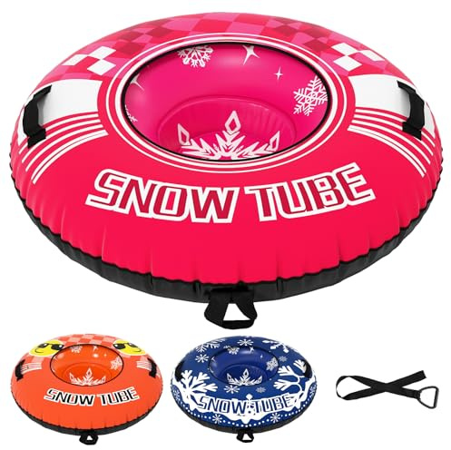 COSTWAY 42”/52 Inflatable Snow Tube, Heavy-Duty Sled Ski Tube with Handles, Premium Oxford Cover and Tow Strap, Outdoor Snow Sledge Fun Toys for Kids & Adults (Pink, 42)