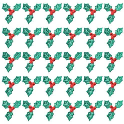 UTHCLO 200 Parches Decorativos de Hojas de Acebo y Bayas Rojas de Tela para Decoración de Árbol de Navidad, Bricolaje y Fiestas Diseño Clásico y Elegante