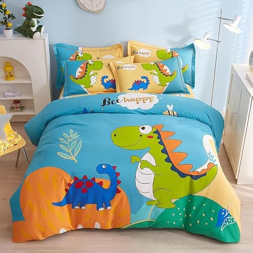 BJCJGGL Enkelt bäddset tecknad dinosaurie påslakan för barn – sängklädesset med dragkedja och 2 örngott 50 cm x 75 cm – mjukt allergivänligt mikrofiberpåslakan 135 cm x 199 cm