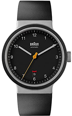 Braun Automatic 3-Hand 40mm Mens Watch with Date Analogue Watch, Rubber Strap, 40mm Stainless Steel Case with Black Dial, Model BN0278BKBKG.