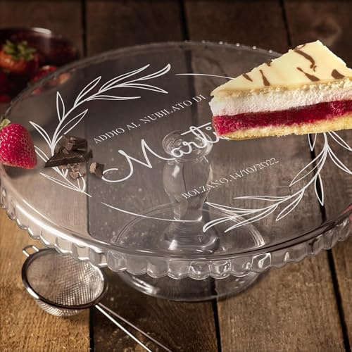 Maverton Vassoio Sottotorta in Vetro, Personalizzazione a Laser | Porta Dolce Tondo Rialzato su un Piede, Alzatina Dolci da ca. 30cm, regalo donna compleanno, Ulivo