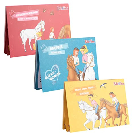 United Labels Bibi & Tina Spielblock 3er Set, je 50 Blatt, Spiele für unterwegs, Hufeisen versenken, Knuffel, Stadt Land Pferd, A5 Spieleblock für Kinder und Fans