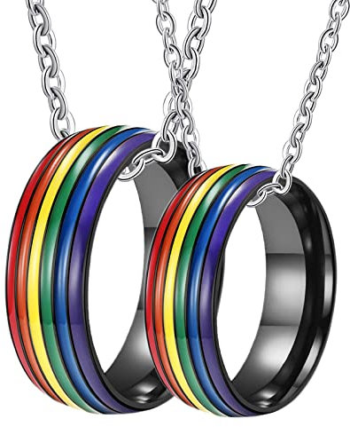 ANAZOZ Partnerkette Ringe 2 Stück, Verlobungsring Paar Lesben Edelstahl Schwarzer Ring LGBT 8 mm mit Regenbogen-Emaille