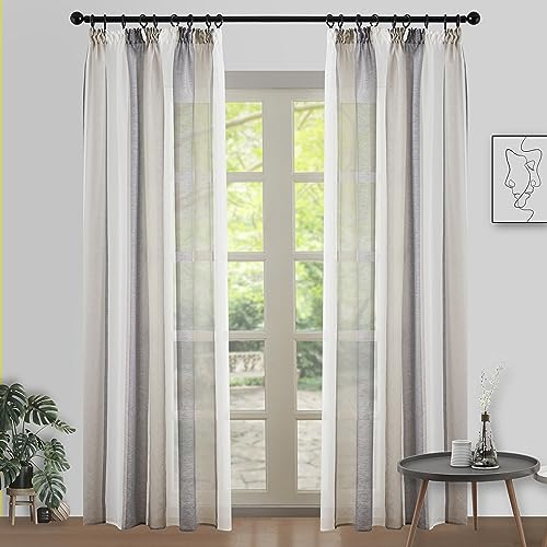 MRTREES Gardinen Wohnzimmer Modern Vorhänge mit Kräuselband 225 cm lang gardine Gestreift Tüll gardine Halbtransparent Vorhang 140 hoch Dunkelgrau Grau und Weiß Vorhang 2er Pack