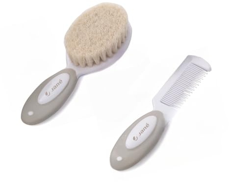 Jané Set Bürste und Kamm, speziell für Babys und Neugeborene, Naturborsten, abgerundete Spitzen, Beige
