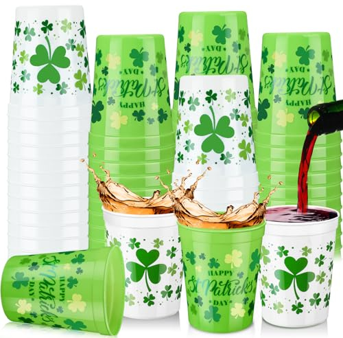 Norme 24 pcs St Patricks Day Party Plastic Cups Bulk Reusable Drink Cups 16 oz Lucky Shamrock Design for St Patrick's Day Party Green Lucky Supply for Beer Beverage Ice Cream Snacks
