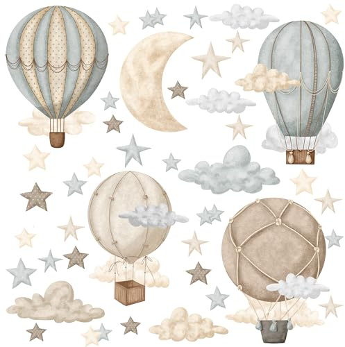 Wally Fox - Wandtattoo Kinderzimmer - Kinderzimmer Deko - Wandtattoo Kinderzimmer Mädchen, Junge - Wanddeko, Wandsticker - Luftballons, Sterne, Wolken, Mond, Blau, Heißluftballons - 42stk