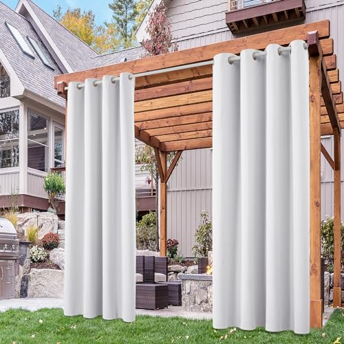 Deconovo Outdoor Vorhang Wetterfest Blickdicht Gardinen Outdoorvorhänge Terrassen Sichtschutz Gardine Wasserdicht Sonnenschutz für Balkon Pavillon, 270x140 cm(HöhexBreite), Grau Weiß, 2er Set