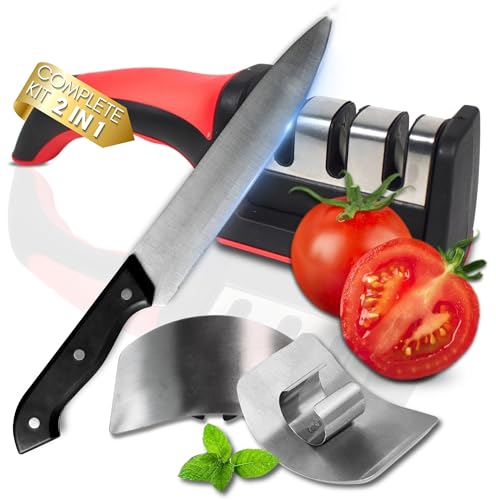 Premiun Knife Sharpener 3 Stage and Finger Guard Stainless Steel - Manual Kitchen Knives Sharpener – Non Slip Base, Ergonomic Handle – Practical, Easy and Safe