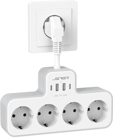 JSVER Multiprise avec USB,4 Prises avec 2 USB et 2 Type C électrique(3680W 16A) Multiprise avec Câble Flexible pour Maison, Cuisine, Bureau-Blanc