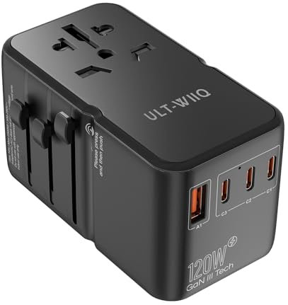 120W GaN Reiseadapter Weltweit USB C PD 3.0 QC, 3-in-1 USB C und A Ladegerät für EU, DE, ZA, IT, ES, TR, BR, FR, UK, JP, USA, CN, Thailand, India