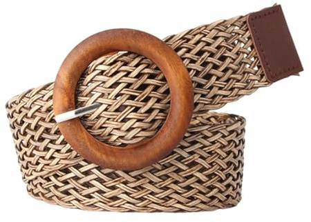 Frauen Geflochtene Taille Gürtel aus Seilgeflecht im Böhmischen, Gewebte Strohgürtel Breit Bund für Kleid Sommer Dekorativer Flechtgürtel mit Vintage-Holzschnalle(105cm/waist:34~36, Brown)