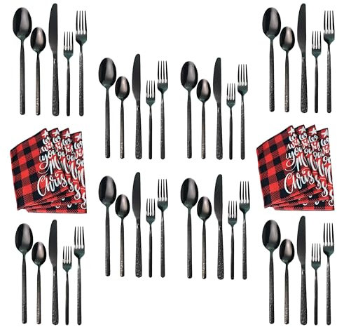 Set di posate da 48 pezzi, design in pietra, nero titanizzato, acciaio inossidabile, coltelli, forchette, cucchiai (set da 40 pezzi + 8 tappetini)